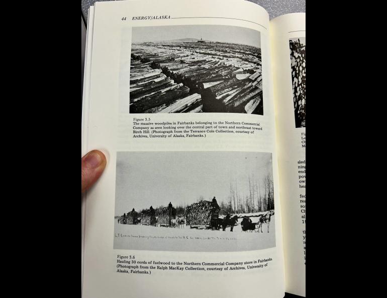 Two photographs of wood harvesting and processing in early Fairbanks, Alaska, on a page of a book.