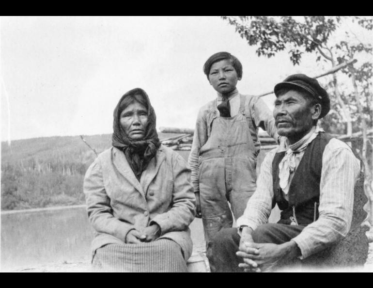 Chief Ivan of Coschaket is shown at right in this photo from the Drane Family Collection in the UAF Archives. The woman and boy were not identified in the photo, which was taken sometime between 1913 and 1939. UAF Archives Photo.