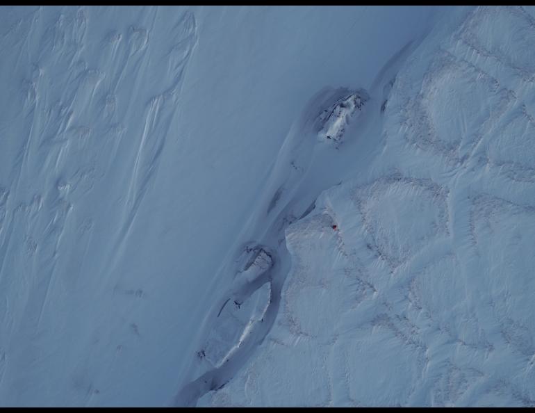 UAF researcher Chris Arp is seen from above while he stands on Drew Point, Alaska, in late November 2018. Photo courtesy Ben Jones.
