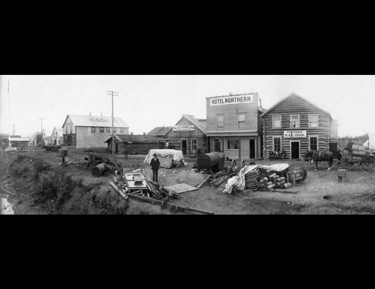 Alaska's then-largest town of Fairbanks, population 8,000, on Aug. 3, 1904, a few weeks before a magnitude 7.3 earthquake rocked the buildings. Photo by Lorenzo E. Robinson, from the R.C. Force Papers, 1900-1910, UAF Rasmuson Library.