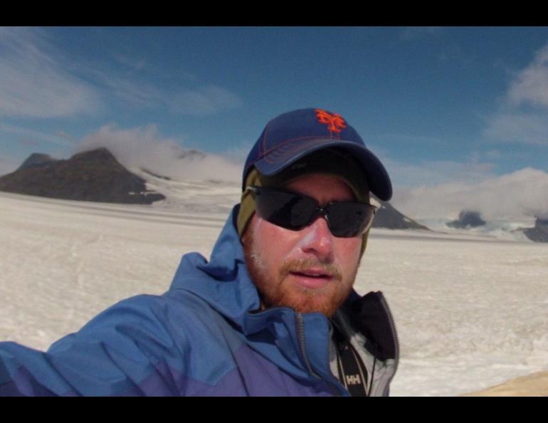 Gerard Ganey at his ice-algae study site on the Harding Icefield. Photo by Gerard Ganey.