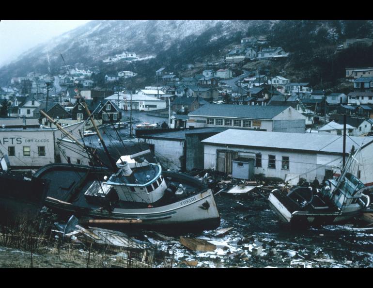 Boats and debris in front of a hillside community