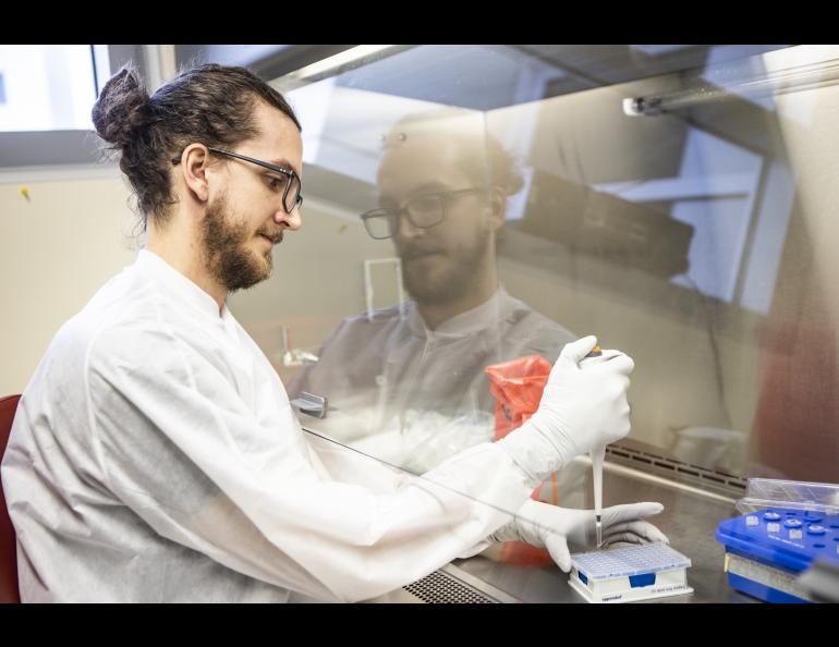 Kyle Dilliplaine works inside the Alaska State Virology Laboratory on the UAF campus. UAF photo by JR Ancheta.