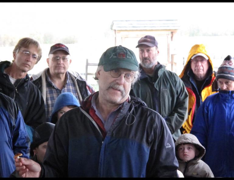 Mycologist and author Lawrence Millman gives a presentation at Creamer’s Field in Fairbanks. Photo by Ned Rozell.