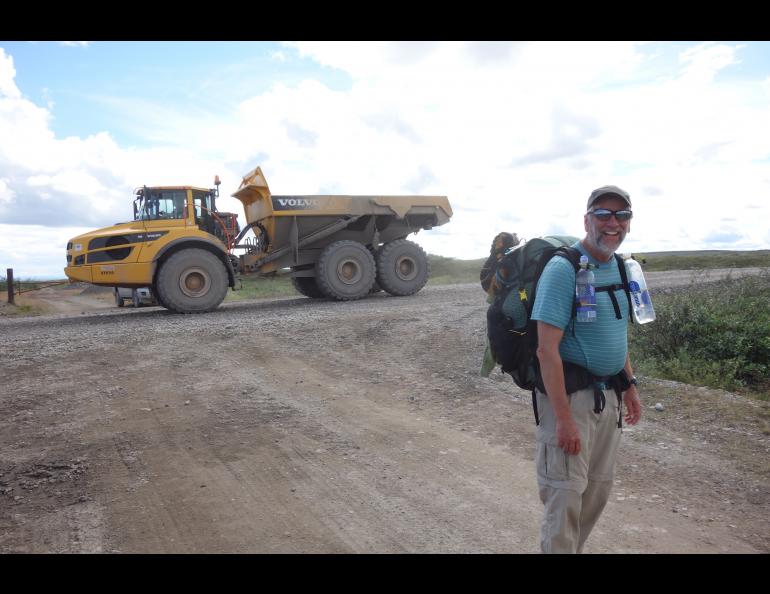 Eric Troyer hikes with Ned Rozell along the path of the Trans-Alaska Pipeline. Photo by Ned Rozell.