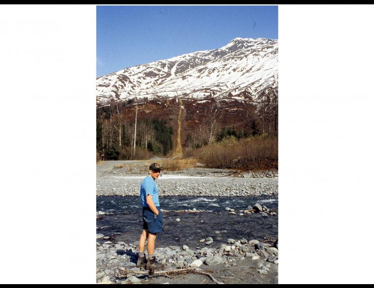 Ned Rozell on the path of the Trans-Alaska Pipeline near Valdez in 1997. Photo by Clara Jodwalis.