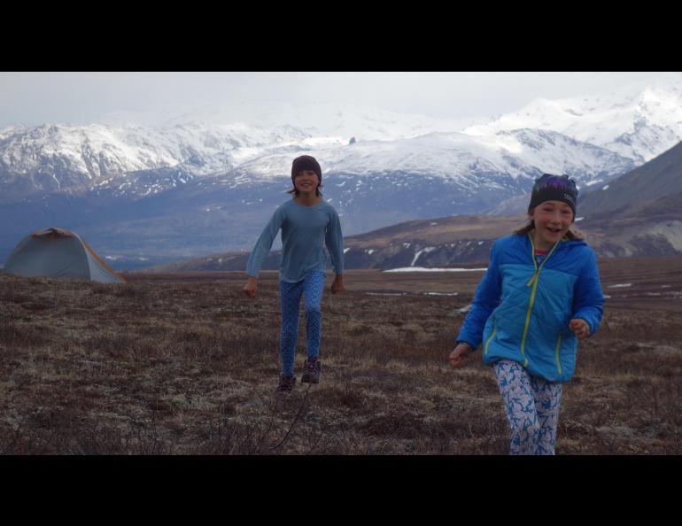 Salak Crowe and Anna Rozell, both 10, in the Alaska Range. Photo by Ned Rozell