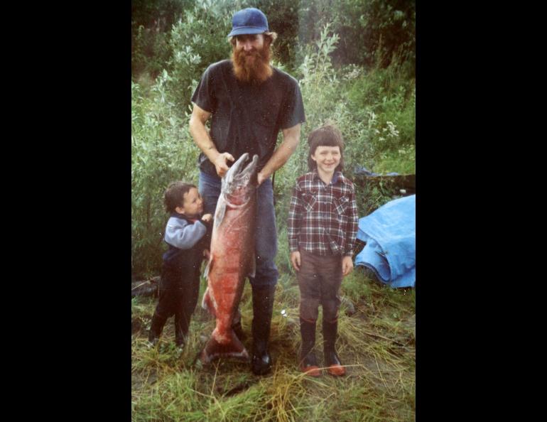 Randy Brown at his fish camp on the Yukon in 1989 or 1990 with his sons Gabe (to his right) and Jed.