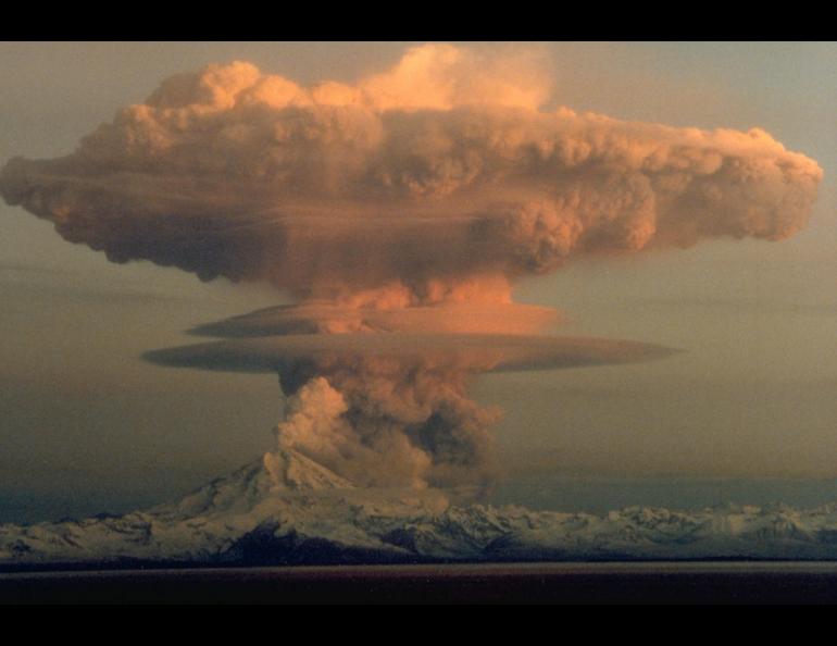 Mount Redoubt west of Kenai erupts an ash cloud on April 21, 1990, during the same unrest that launched the fledgling Alaska Volcano Observatory. Photo by Robert Clucas.