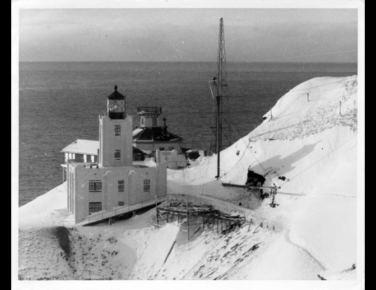 Scotch Cap Lighthouse, on the southwest shore of Unimak Island, before the giant wave of April 1, 1946. NOAA/NGDC, Coast Guard photos.