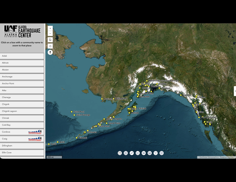 A screenshot of a webpage with dots designating Alaska coastal communities