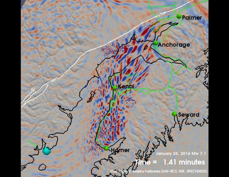 A frame from Tape’s simulations of the 7.1 earthquake that shows the shape of Cook Inlet Basin and the dramatic shaking within. Courtesy of Carl Tape.