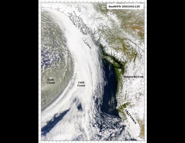 The cloud carrying sand and dust from Asian deserts approaches Southeast Alaska, British Columbia, and the west coast of the United States on April 11, 2001. Image provided by the SeaWiFS Project, NASA/Goddard Space Flight Center, and ORBIMAGE