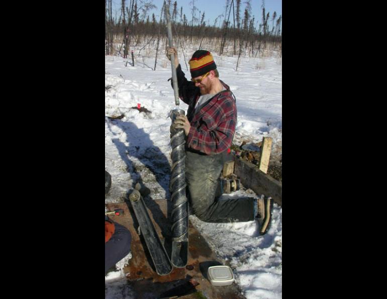  UAF research technician Jamie Hollingsworth pushes a core of frozen soil from a hollow drill bit in the Tanana Flats south of Fairbanks. Researchers are studying the area to find out how bogs affect the global carbon budget. 
