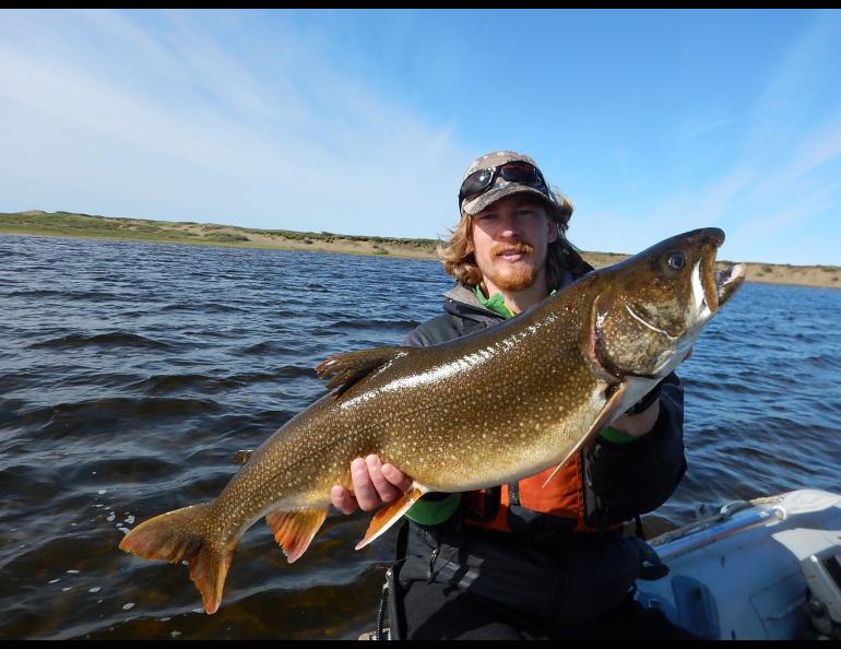 Kurt Heim shows a lake trout he caught in the Fish Creek watershed on the Arctic Coastal Plain. Photo by Lydia Smith.