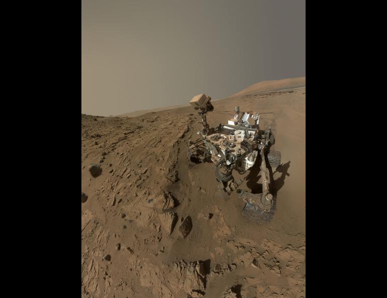 A self-portrait taken by the car-size Curiosity rover on the surface of Mars in April/May 2014. Image courtesy NASA/JPL-Caltech/MSSS.