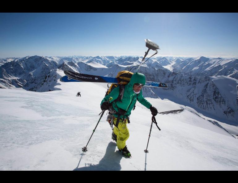 Kit Deslauriers, the only person to climb and ski down the tallest mountains on seven continents, ascends the highest peak in the Brooks Range, Mount Isto, in 2014. Photo by Andy Bardon.