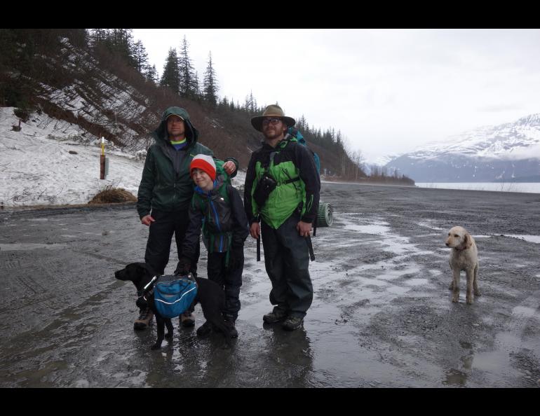  From left, Ned Rozell and his friends Ian and Chris Carlson prepare to start hiking the path of the trans-Alaska pipeline in Valdez. Photo by Kristen Rozell. 