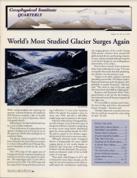 An article on Variegated Glacier surging again. A picture of ice like a river between the mountains is shown.