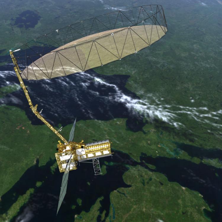 Schematic of the NISAR spacecraft flying over the Great Lakes.