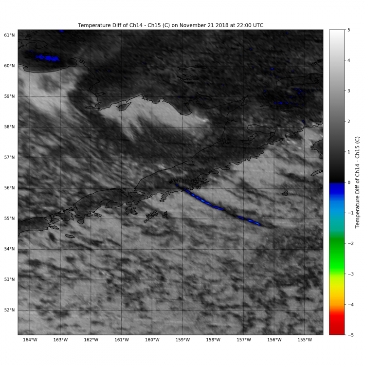 Brightness temperature difference of eruption from Mount Veniaminof Volcano. These data can be used to track the location of ash plumes and clouds from volcanic eruptions worldwide using infrared spaceborne sensors.