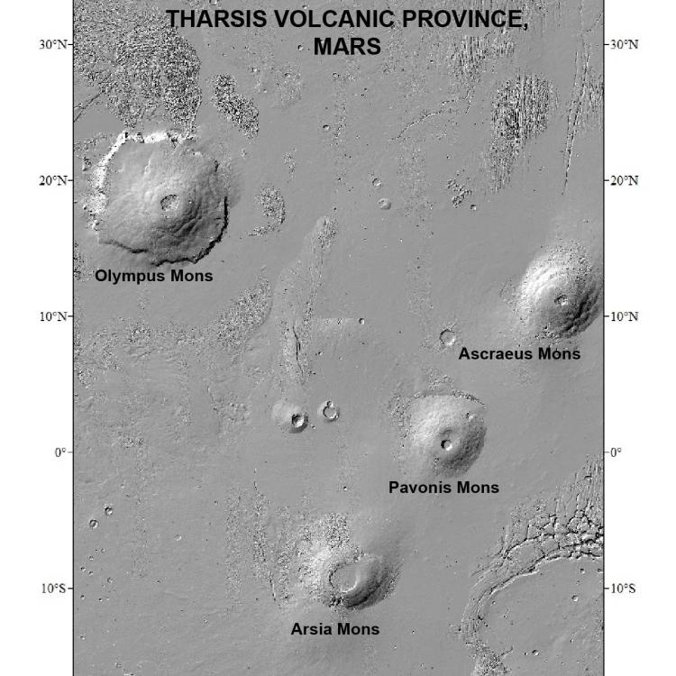 Satellite image of Tharsis, a vast volcanic plateau centered near the equator in the western hemisphere of Mars. This hillshade map is derived from topography data collected by the Mars Orbiter Laser Altimeter instrument on the Mars Global Surveyor space probe.