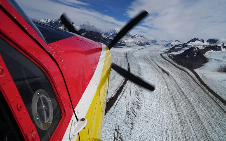 Operation IceBridge Alaska's De Havilland Otter climbs up Miles Glacier during a survey flight in August 2018. Image from UAF/Chris Larsen