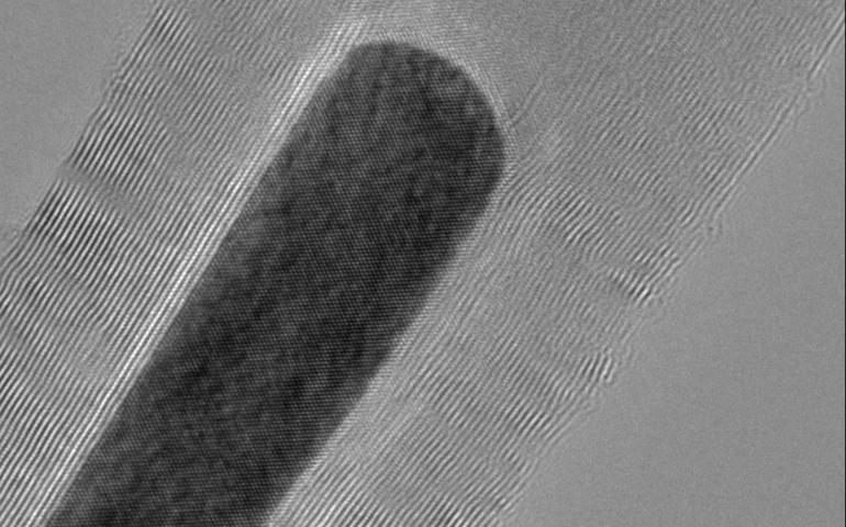 A microscopic image of a carbon nanotube with a magnetic nanoparticle inside. The properties of the tubes and nanoparticles led to a breakthrough that could lead to more storage in hard drives.