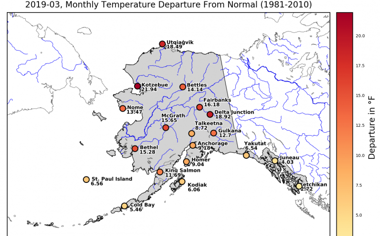 This map reports monthly mean temperature departures from normal in March 2019 across Alaska. Map by Anna Costa and Lea Hartl, Alaska Climate Research Center.