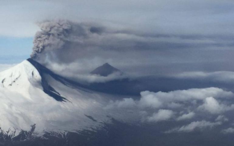 Pavlof volcano erupts in March 2016. The photograph was taken from Coast Guard 1713, a HC-130H Hercules aircraft based at Air Station Kodiak. Photo by Petty Officer Austin Torres.