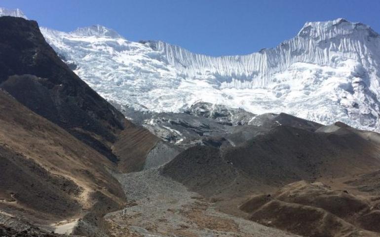 Chukhung Glacier perches on a mountainside in Nepal in June 2016. Photo by David Rounce.
