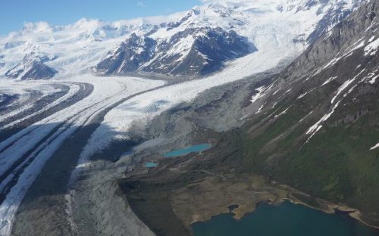 The Kennicott Glacier flows out of the Wrangell Mountains in Alaska. A new review of glacier research found that glaciers worldwide will lose up to 36% of their mass by 2100, resulting in almost 10 inches of sea level rise. Photo by Regine Hock.