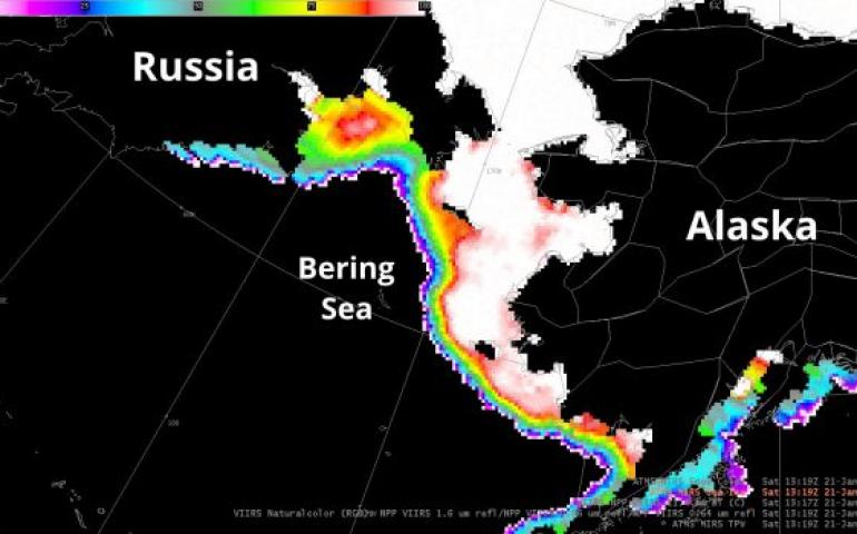 This microwave image shows Russia, the Bering Sea and Alaska as photographed by the Suomi NPP Satellite on Jan. 21. The scale in the top left shows sea ice concentration in percent, with red and white showing the most ice and blue and purple showing the least. Image provided by Carl Dierking.
