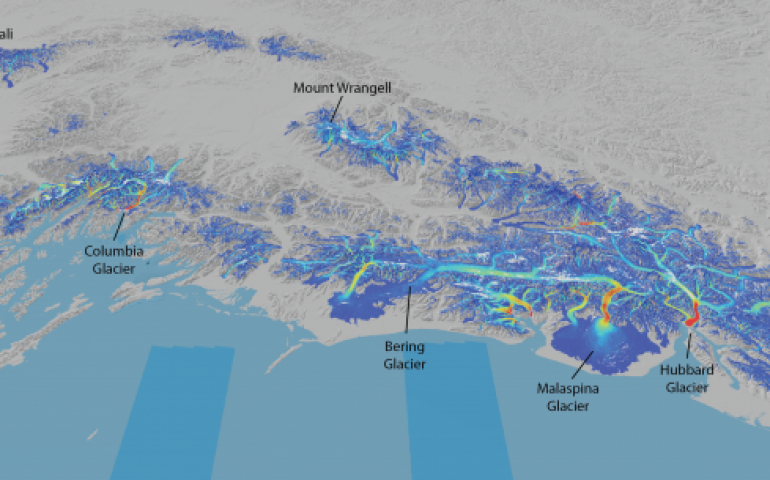 This bird’s-eye view of Southcentral Alaska’s glaciers shows their speed as measured from space. Scientists are now able to follow surges and seasonal changes in glacier speed over this region using images from Landsat 8. Graphic by Mark Fahnestock.