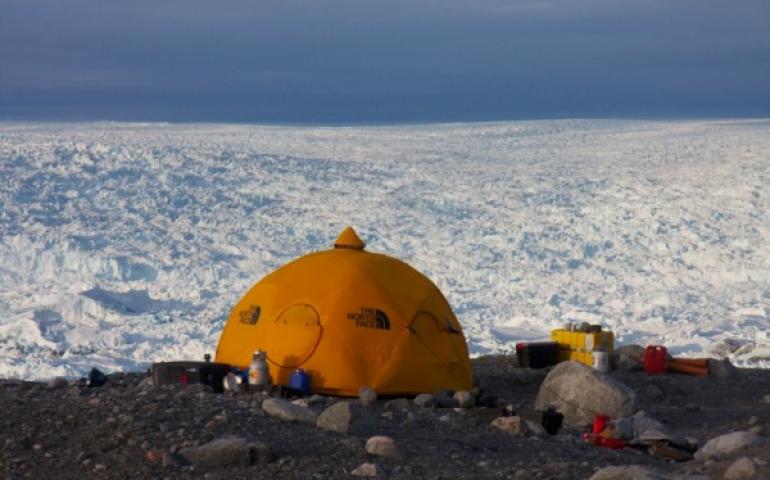 A tent sits in camp on the edge of the Jakobshavn Isbræ in Greenland. Photo by Martin Truffer.