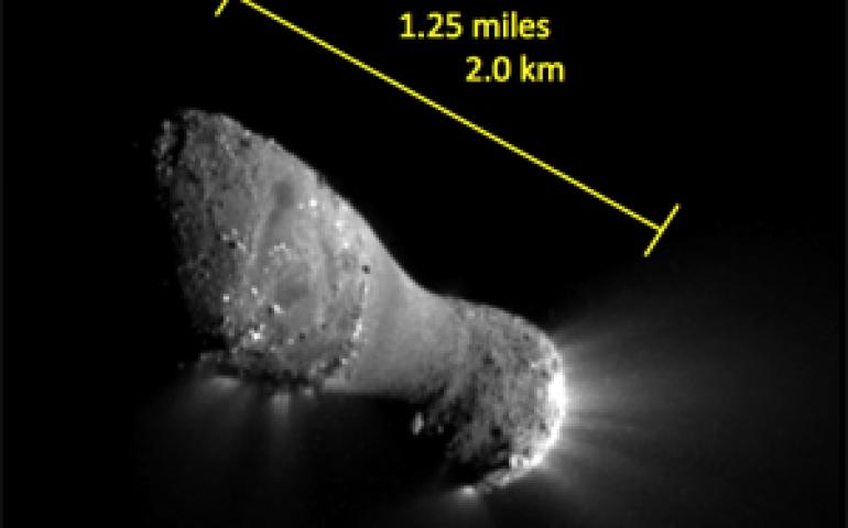 The image, one of the closest taken of comet Hartley 2 by NASA's EPOXI mission, shows many features across the comet's surface. The smooth surface in the middle is lower than the rest of the comet and may accumulate fine-grain dust. Photo courtesy of NASA/JPL-Caltech/UMD.