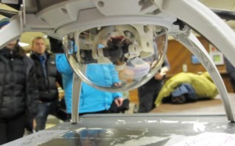 The University of Alaska Unmanned Aircraft Team used a 2.5-pound Aeryon Scout to collect images of sea ice conditions near the Nome harbor. UAF photo by Amy Hartley.