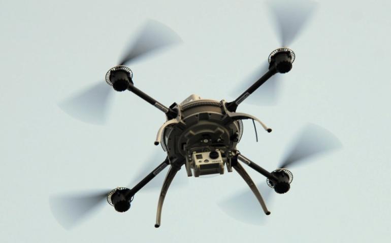 In early 2012, this quad-rotor Aeryon Scout was deployed by the University of Alaska Unmanned Aircraft team to gather information on sea ice conditions outside Nome Harbor. Photo by Greg Walker.
