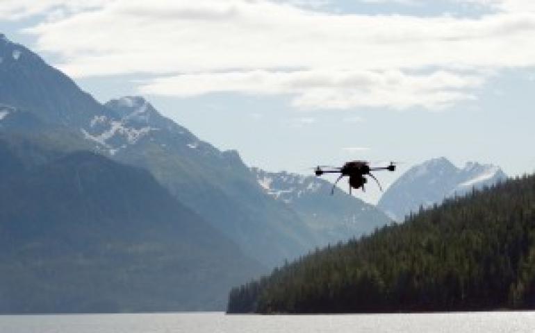 The unmanned aerial vehicle Scout flies over Prince William Sound during testing this month. Photo by Greg Walker.