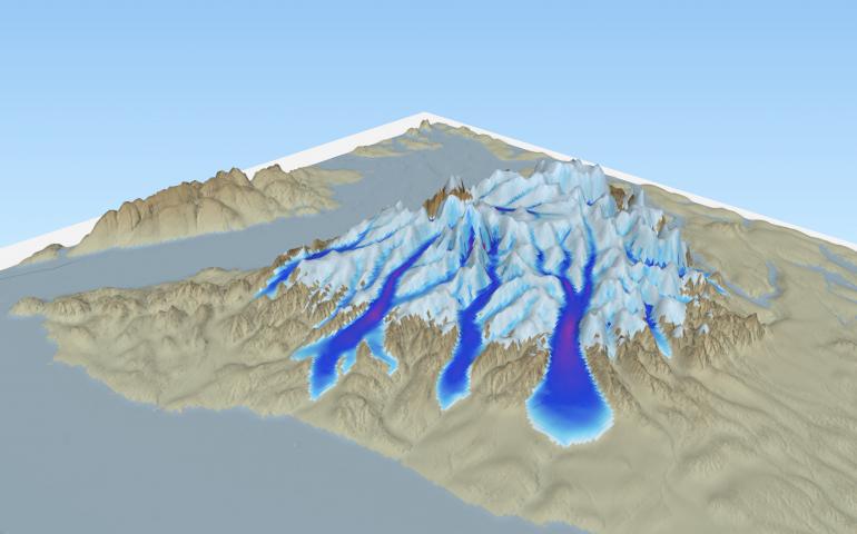 A rendering of ice in the Olympic Mountains, Washington made with the Parallel Ice Sheet Model. The model is a valuable tool for scientists to simulate ice behavior and has been used in 100 publications as of May 2019. Image by Andy Aschwanden.