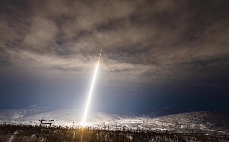 A NASA sounding rocket launches from Poker Flat Research Range north of Fairbanks on Jan. 27, 2020. UAF photo by JR Ancheta.  