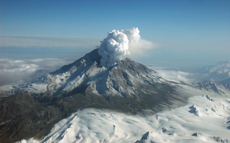 Mount Redoubt, 108 miles southwest of Anchorage, Alaska, erupts on March 31, 2009. Photo credit by R. G. McGimsey, Alaska Volcano Observatory/U.S. Geological Survey