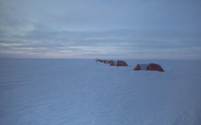 The research team’s tents sit on the Greenland ice sheet in the film “Utuqaq.” Photo courtesy of Iva Radivojevic
