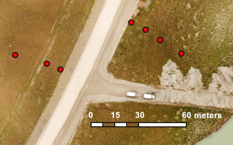 This illustration from the article shows the location of temperature sensors at the Dalton Highway research site. Drone photo by Soraya Kaiser; illustration distributed under Creative Commons 4.0 International