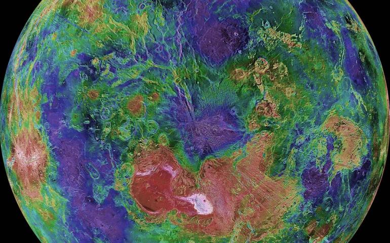 This hemispheric view of Venus was created using more than a decade of radar investigations culminating in the 1990-1994 Magellan mission, and is centered on the planet's North Pole. Image: NASA/JPL/USGS