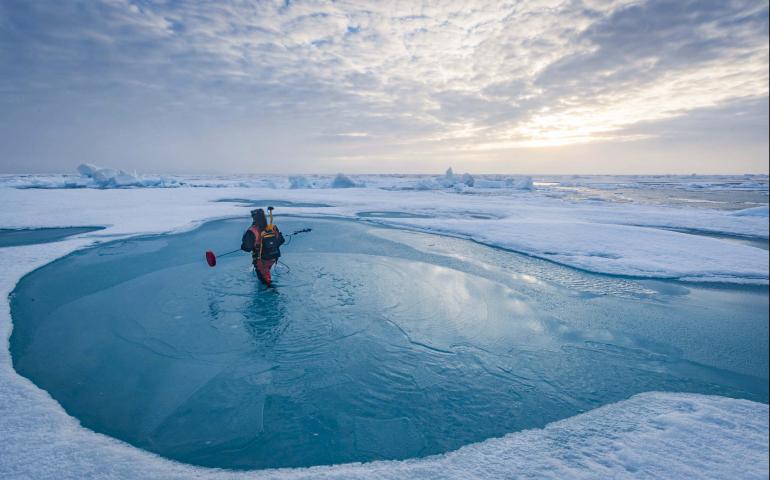 Melinda Webster carries a magnaprobe to measure the depth of melt ponds. Photo by Lianna Nixon