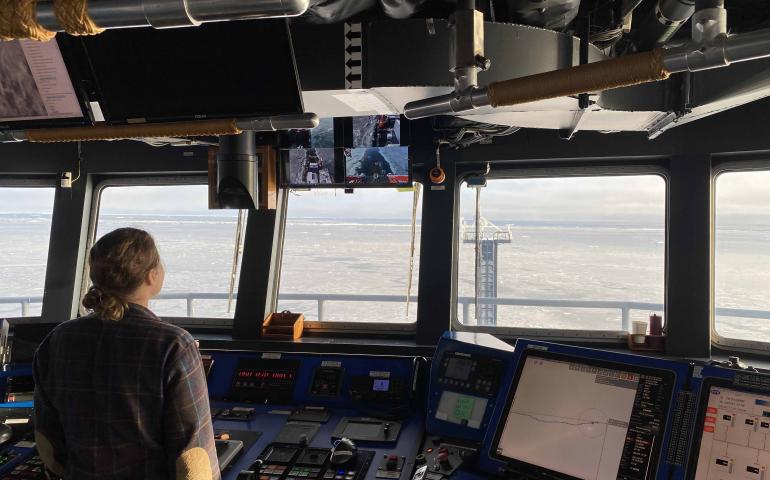 Crew member Johna Winters, a master’s student in marine resource management at Oregon State University, watches from the Sikuliaq’s bridge on Sept. 20, 2021. Bernard Coakley photo