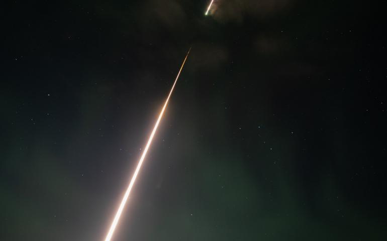 A NASA Black Brant IX sounding rocket launches from Poker Flat Research Range north of Fairbanks at 2:27 a.m. Saturday, March 5, 2022. Photo by NASA/Terry Zaperach