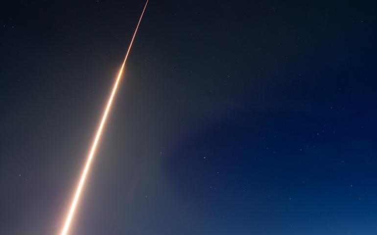 The Black Brant IX rocket launched from Poker Flat Research Range north of Fairbanks at 4:47 a.m. Thursday, April 7, 2022. Photo by Terry Zaperach/NASA Wallops