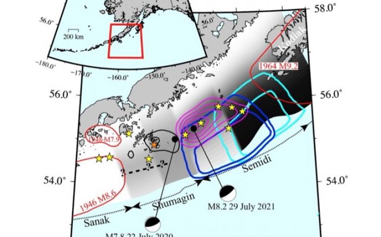 Image shows Simeonof 2020 quake slip model contours in black. Chignik 2021 contours are shown in purple. Contour outlines of two updated 1938 model estimates are shown in light and dark blue. Red shows rupture areas for major quakes. Stars show epicenters of magnitude 7-plus quakes in past century.